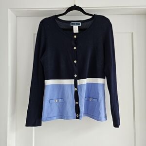 Karen Scott Navy Cardigan with Gold Button Accents